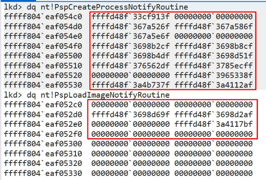 WinDbg kernel memory dump showing PspCreateProcessNotifyRoutine and PspLoadImageRoutine callback arrays after zeroing - all null pointers
