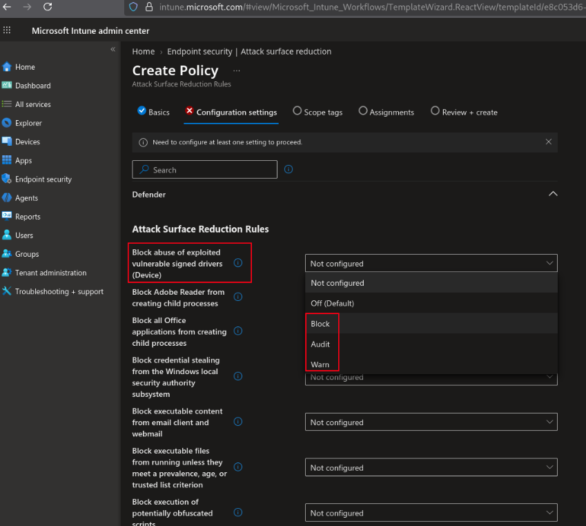 Microsoft Intune admin center showing the ASR rule Block abuse of exploited vulnerable signed drivers set to Block