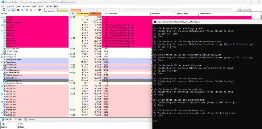 Process Explorer and terminal showing CcProtect-Killer successfully killing all PPL-protected Defender processes