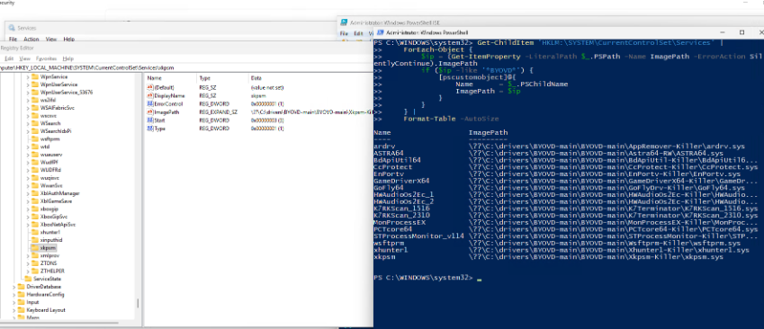 Registry editor and PowerShell showing all drivers registered as kernel services under CurrentControlSet Services
